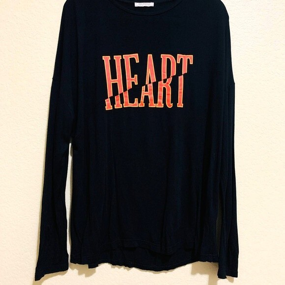 Zara black top women pullover long sleeve "HEART" tee size M - Picture 1 of 4